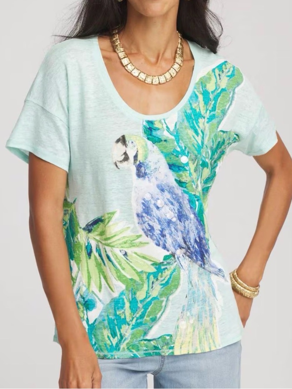 Chico’s Aqua Linen Sequin Embellished Parrot Easy Tee Shirt Top 2X 3X Tropical